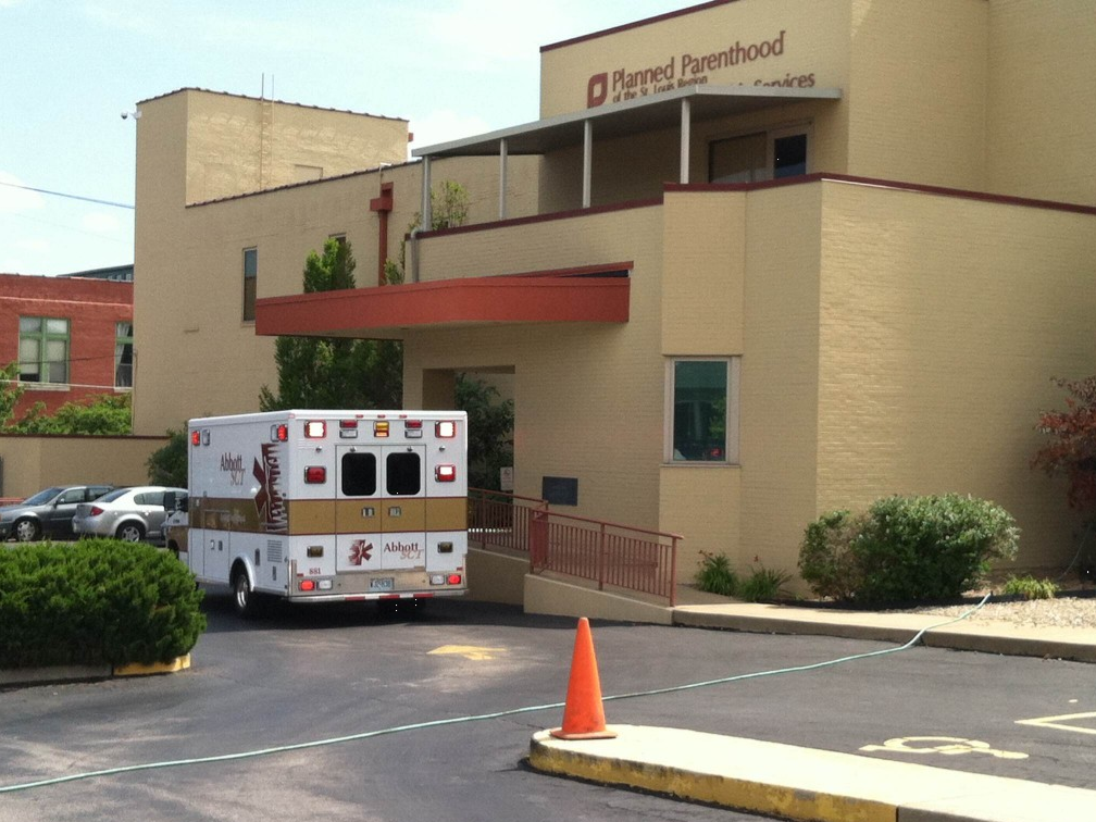 An ambulance parked outside the St. Louis Planned Parenthood. Medication abortion is unsafe, too.