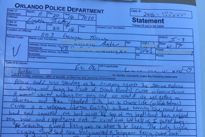 Simple Battery Police Report filed after pro-lifer was attacked