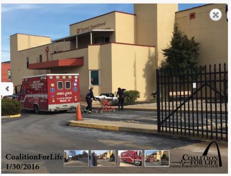 An ambulance parked outside the St. Louis Planned Parenthood. Medication abortion is unsafe, too.