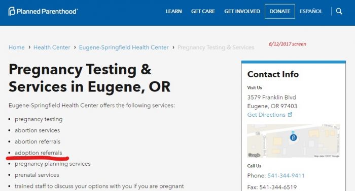 PP Eugene Or website shows Adoption Referrals