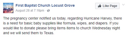 Facebook post from First Baptist Church Locust Grove