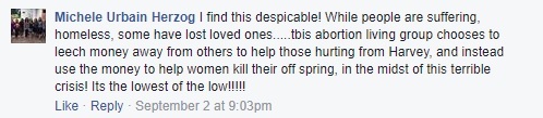 Michele Herzog responds to free abortions: this abortion group is leeching money from others who want to help the hurting in Harvey and is using the money to help women kill their children. Lowest of the low!