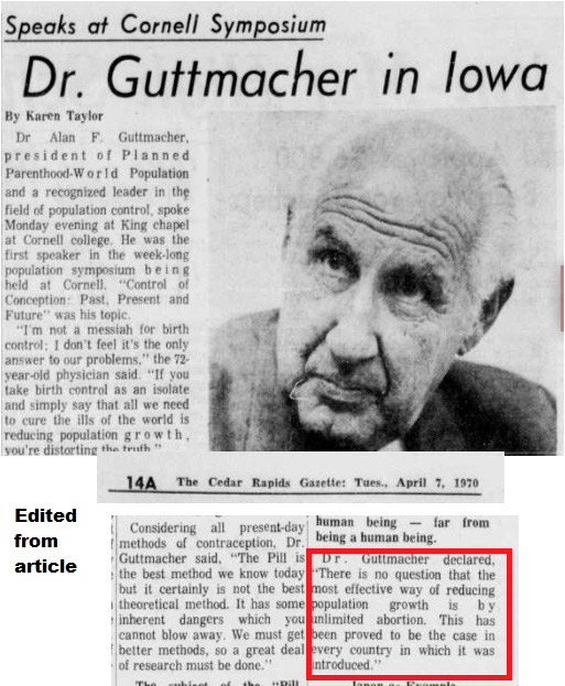 Image: Alan F Guttmacher suggests unlimited abortion reduces population growth (Cedar Rapids Gazette April 7, 1970) 