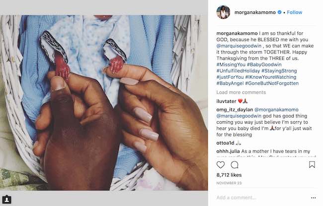 In a beautiful and tragic miscarriage photo of her child, Marquise Goodman's wife posts a message to supporters.