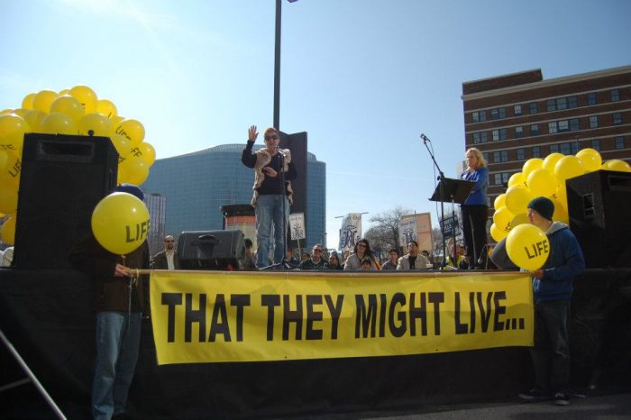 Norma McCorvey, Jane Roe of Roe v. Wade speaks at a Dallas March for Life