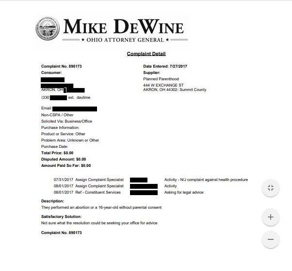 Complaint filed against Akron Planned Parenthood for an abortion on a minor without parental consent, obtained by Operation Rescue.