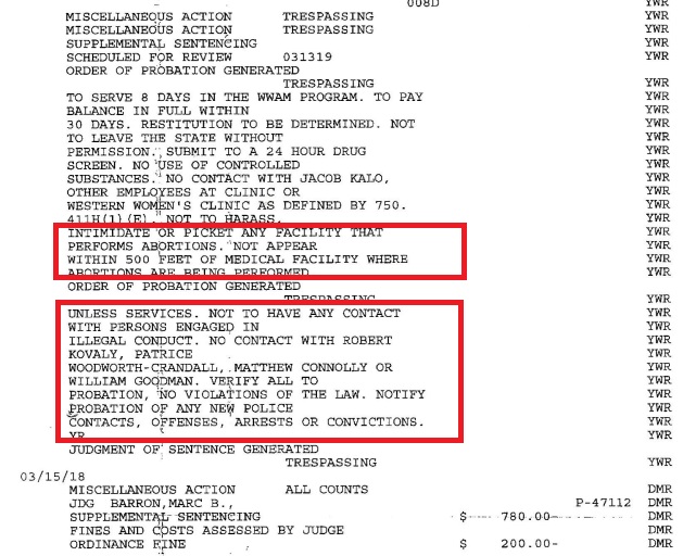 Image: Judge Marc Baron order of probation for pro-life activists who entered an abortion facility 