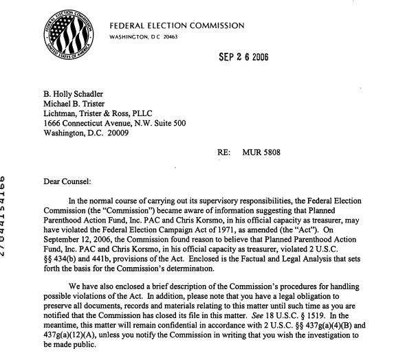 Image: letter Federal Elections Commission (FEC) against Planned Parenthood Action Fund and Treasurer