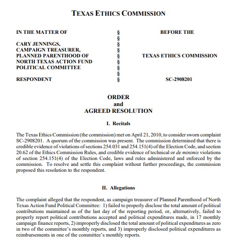 Image: Texas Elections against Cary Jennings treasurer Planned Parenthood of North Texas Action Fund Political Committee