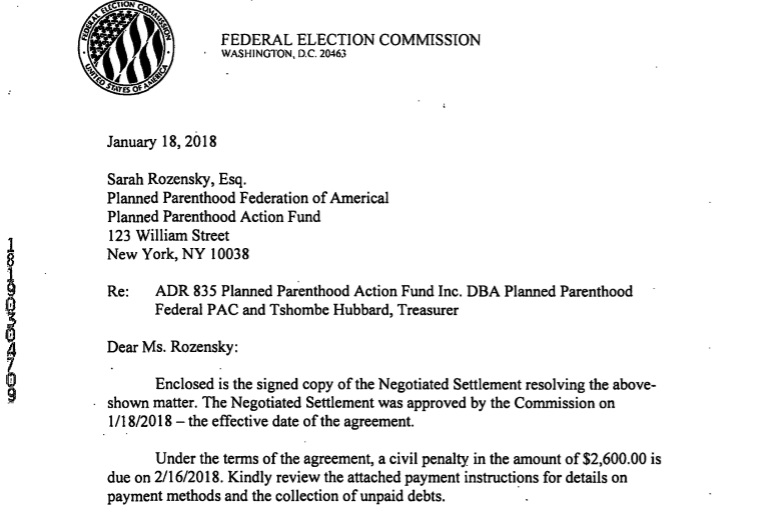 IMage: Letter 2018 Federal Elections Commission (FEC) ADR against Planned Parenthood Action Fund