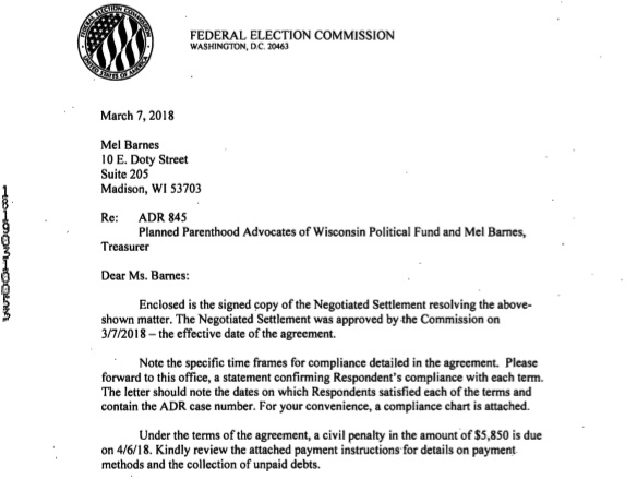 Image: letter 2018 Federal Elections Commission (FEC) ADR against Planned Parenthood Advocates of Wisconsin