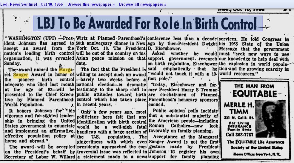 Lyndon B Johnson receives Planned Parenthood’s Margaret Sanger Award