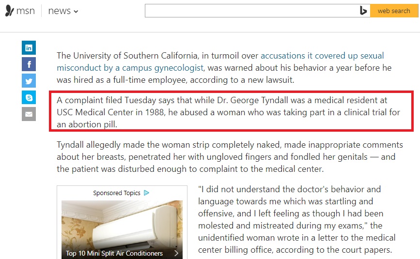 Image: George Tyndall accused of sexually abusing abortion patient MSN (Image: screen capture from MSN news report); harming women 