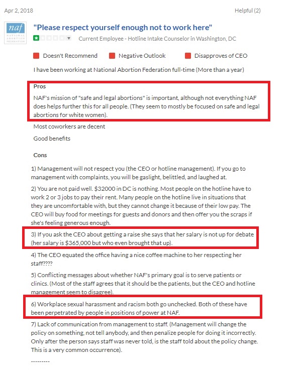 Image: NAF GlassDoor review accuses the abortion org of sexual harassment and racism