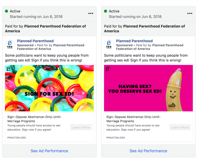 Facebook ads by Planned Parenthood