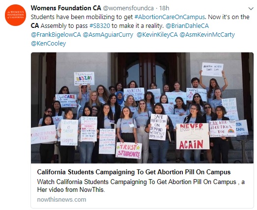 Image: Womens Foundation California funds abortion pill on college campus (Image credit: Twitter) 