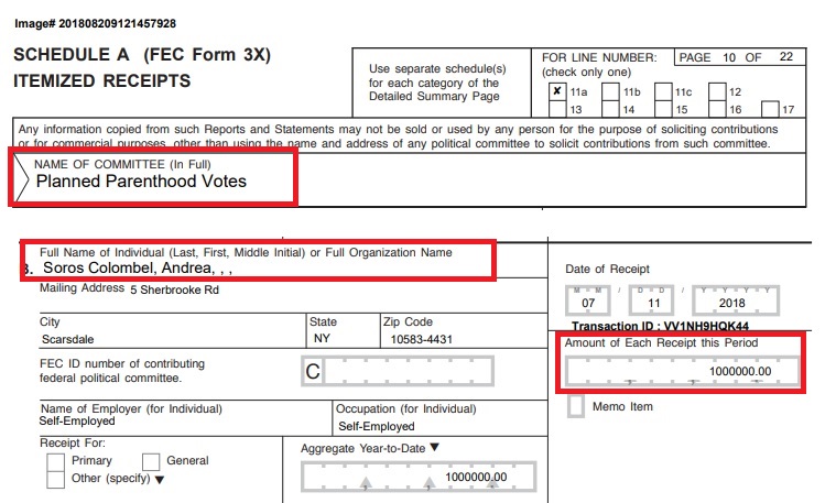 Image: Andrea Soros Colombel donates to Planned Parenthood Votes (Image credit: FEC) 