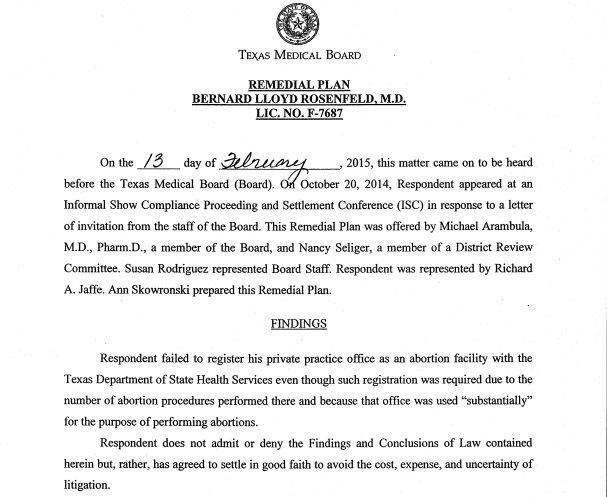 Image: Bernard Rosenfeld complaint Texas Medical Board