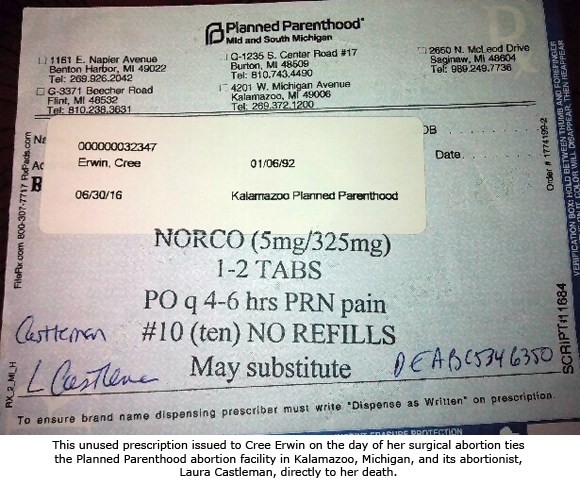 Image: Planned Parenthood doctor Laura Castleman script to Cree Erwin (Image credit: Operation Rescue)