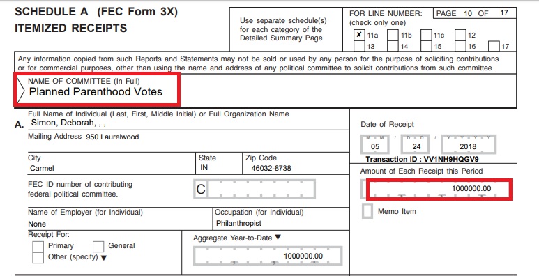 Image: Deborah Simon one million to Planned Parenthood political PAC (Image credit: FEC) 