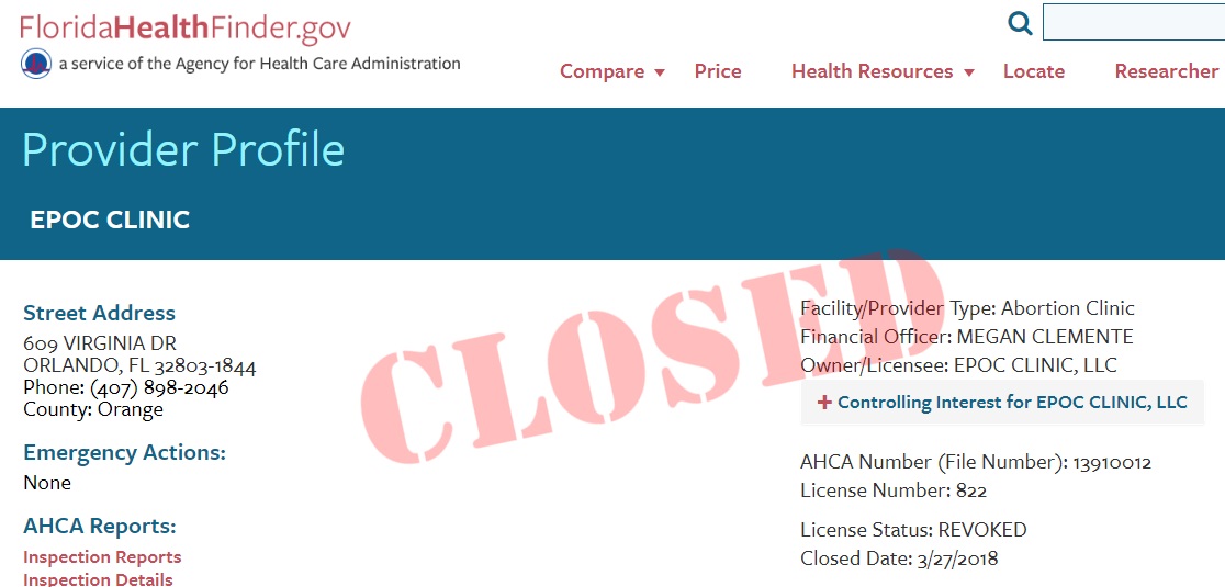 Image: EPOC abortion facility closed (Image credit: ACHA)