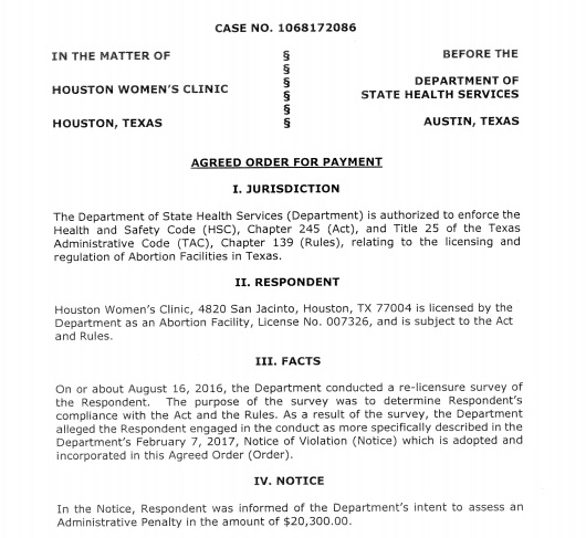 Image: Houston Women's Clinic abortion facility fined twenty thousand dollars by state health department