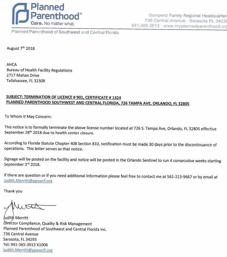 Image: Planned Parenthood letter of closure Orlando Fl