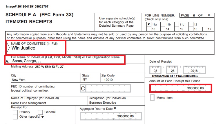 Image: Planned Parenthood's Win Justice Pac starts with Soros money (Image: FEC Report)