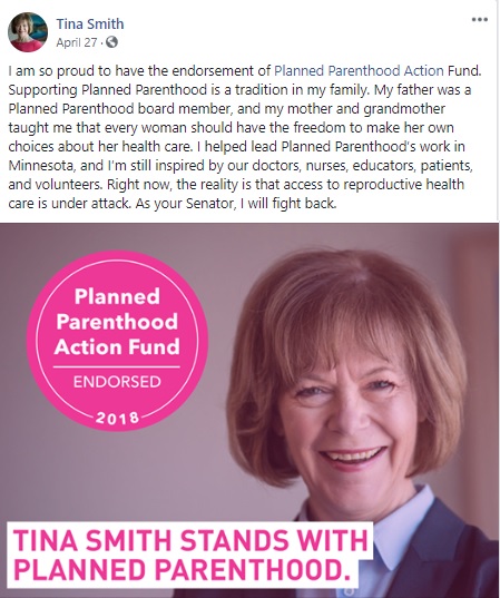 Image: Tina Smith Minnesota Senator Planned Parenthood staffer (Image Facebook) 