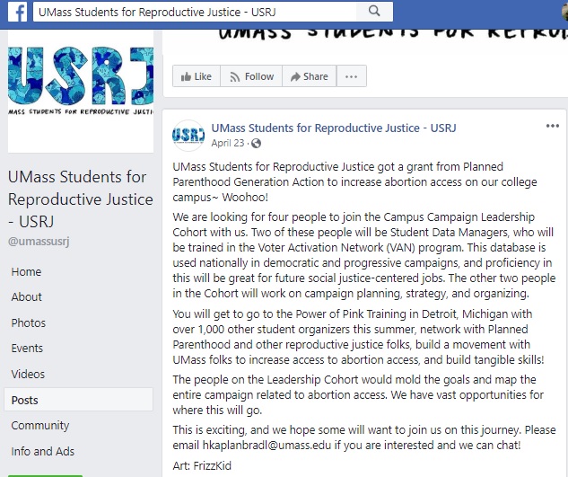 Image: UMass students for Reproductive Justice announcement (Image credit: Facebook) 