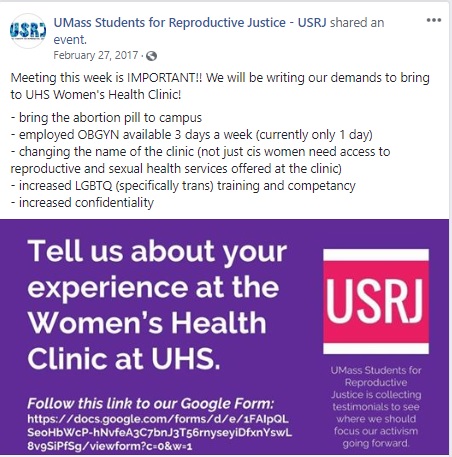 Image: UMass students for Reproductive Justice to bring abortion pill to campus (Image credit: Facebook)