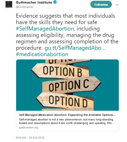 Image: Guttmacher promotes self managed abortion (Image: Twitter) 