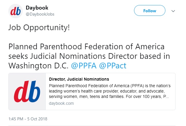 Image: Planned Parenthood job Judicial Nominations Director (Image credit: Daybook on Twitter) 