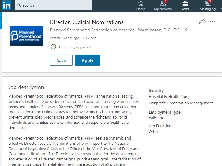Planned Parenthood job Judicial Nominations Director (Image screen PPFA LinkedIn page) 