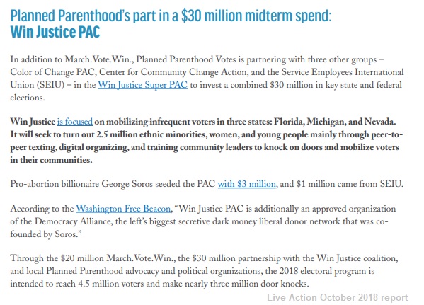 Image: Planned Parenthood with Win Justice Pac vows to spend $30 million on 2018 elections (Image: Live Action Oct 2018 report)