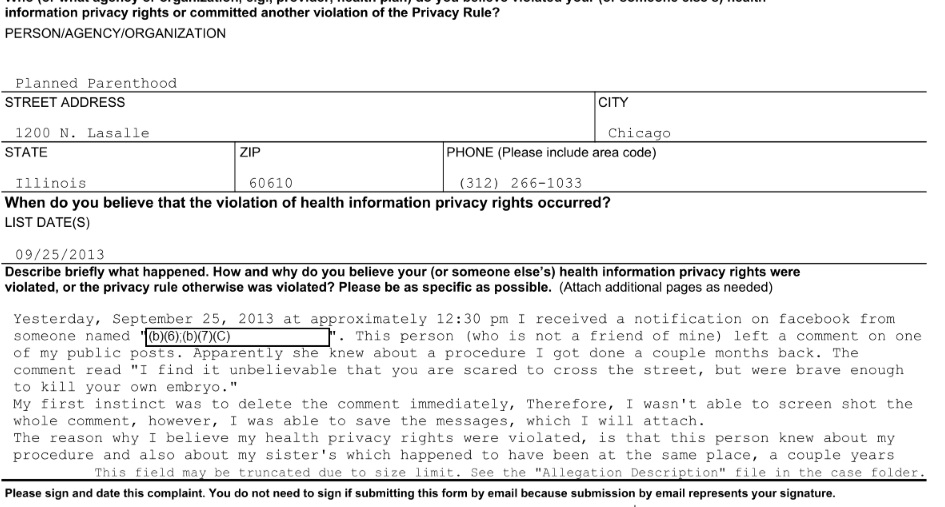 Image: 2013 Complaint against Planned Parenthood Chicago, Illinois alleging PP staffer shared medical information (Image: Office of Civil Rights) 