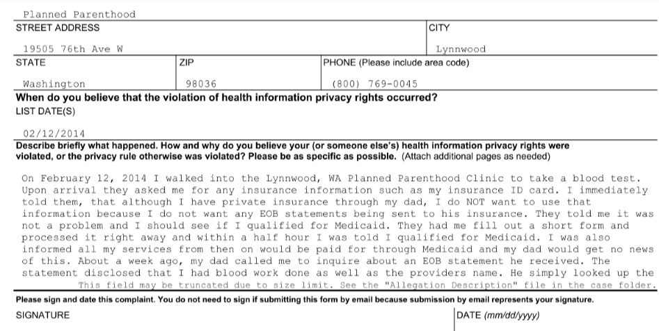 Image: 2014 HIPPA complaint Planned Parenthood Lynnwood WA (Image: Office of Civil Rights)