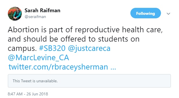 Image: Author Sarah Raifman Tweet June 2018 SB320 (Image: Twitter)