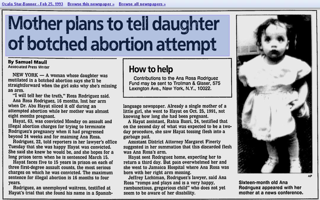 Image: News report of Ana Rosa Rodriguez born alive after failed abortion 