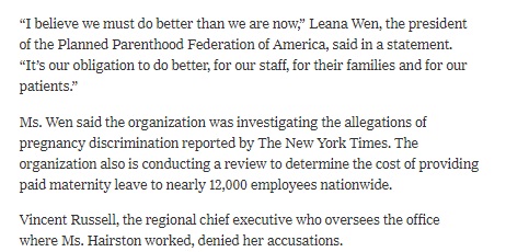 Image: Excerpt of NYTs article on how Planned Parenthood treats pregnant employees