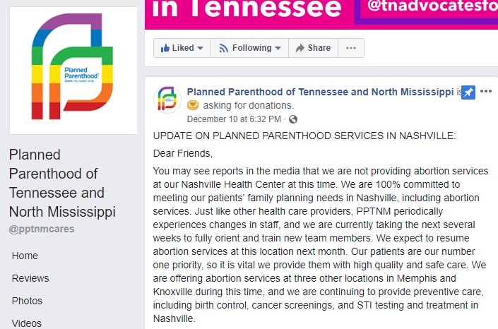 Image: Planned Parenthood Nashville suspends abortion (Image: Facebook) 
