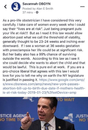 Image: Dr. Allen E Smith at Savannah OBGYN on NY abortion law FB Jan 2019
