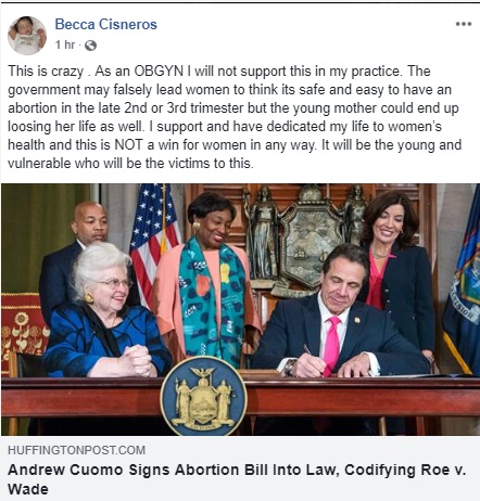 Image: Dr. Becca Cisneros on NY abortion law FB Jan 2019
