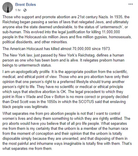 Image: Dr. Bret Boles on NY abortion law FB Jan 2019