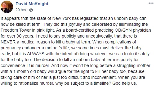 Image: Dr. David McKnight on NY abortion law FB Jan 2019
