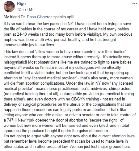 Image: Dr. Rosa Cisneros on NY abortion law FB Jan 2019