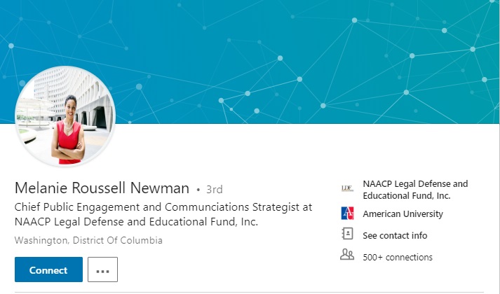 Image: Melanie Roussell Newman LinkedIn page NAACP (Image screen LinkedIn accessed Jan 14, 2019)