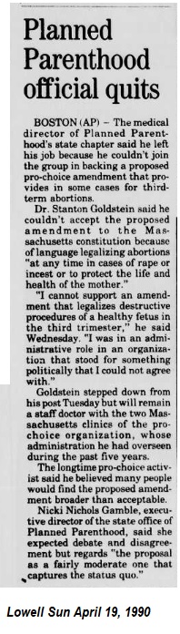 Image: Planned Parenthood doc quits over late term abortions (Image: Lowel Sun April 19, 1990)