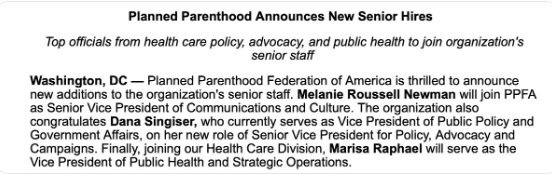 Image: Planned Parenthood new senior hires Jan 2019