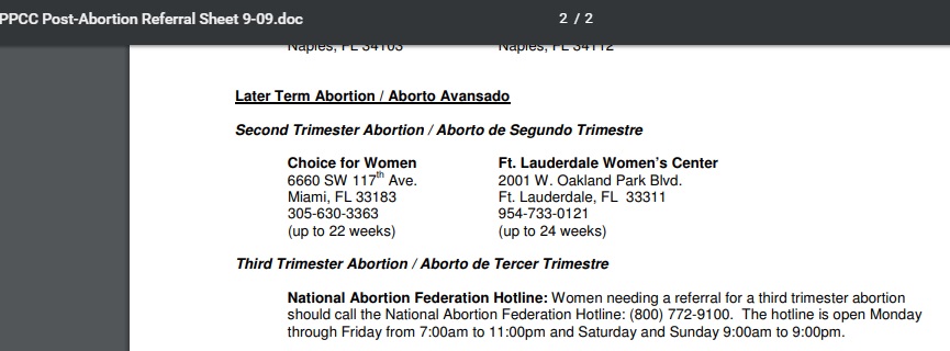 Image: Planned Parenthood referral sheet for late term abortions